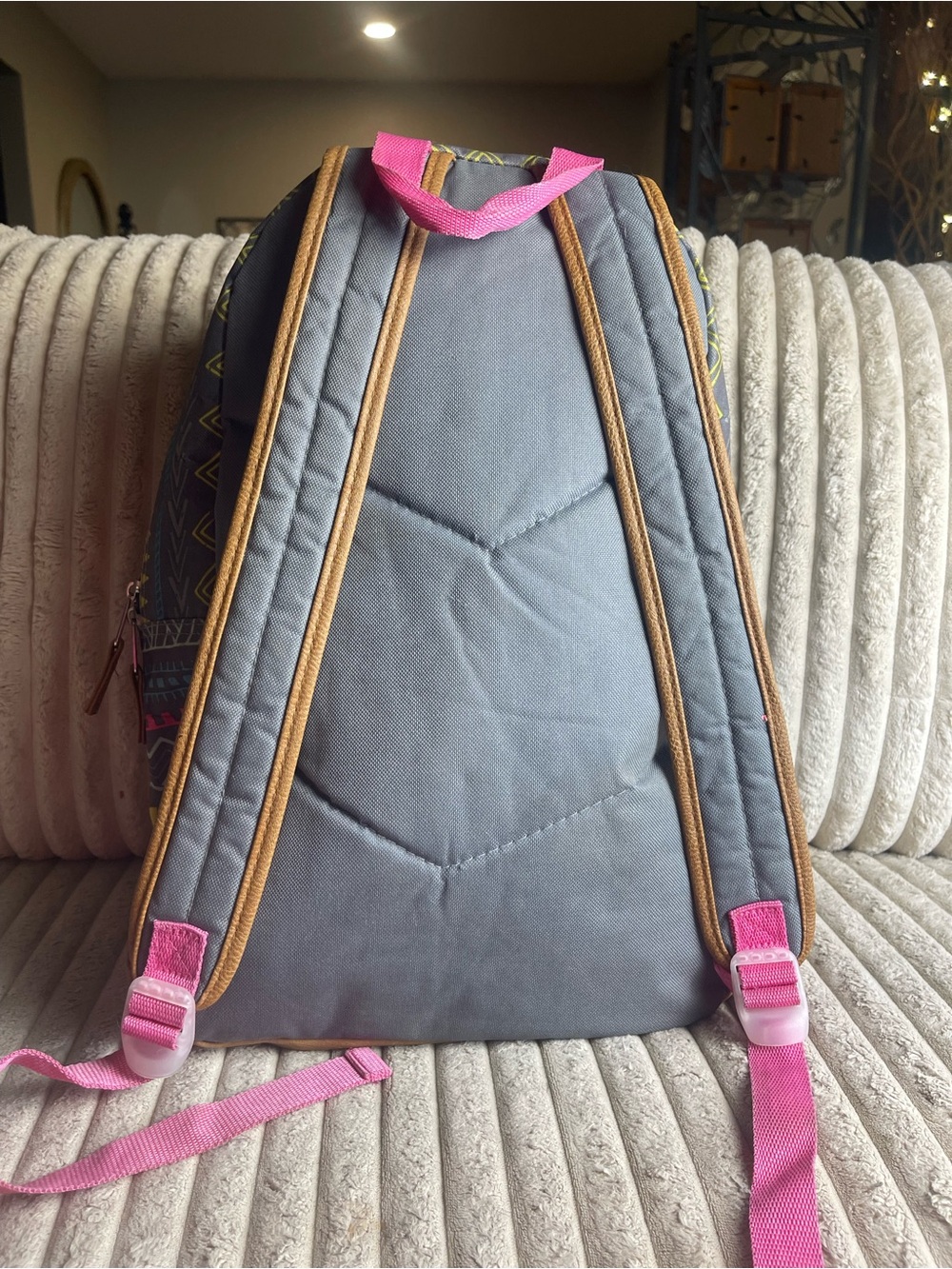 Gray Aztec-Print Women's Backpack with Pink, Yellow & Teal Accents - Picture 3 of 6